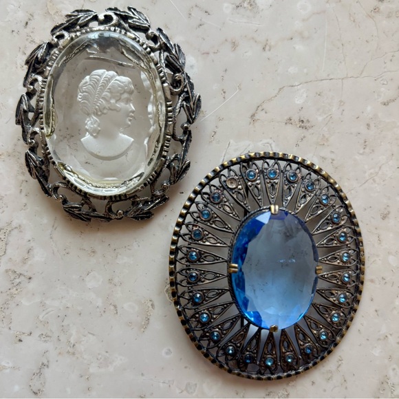 Jewelry - Vintage Brooch Duo — Classic Cameo & Blue Statement Pin Set